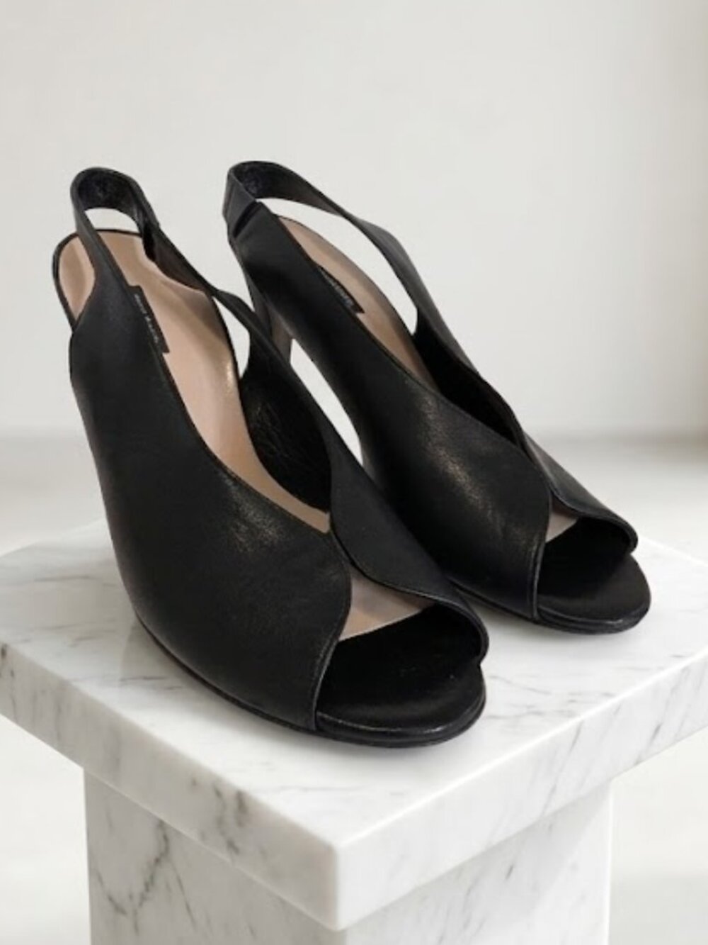 Paul Green Avanti Black Leather Peep Toe Slingback Heels EU 7.5, US 10